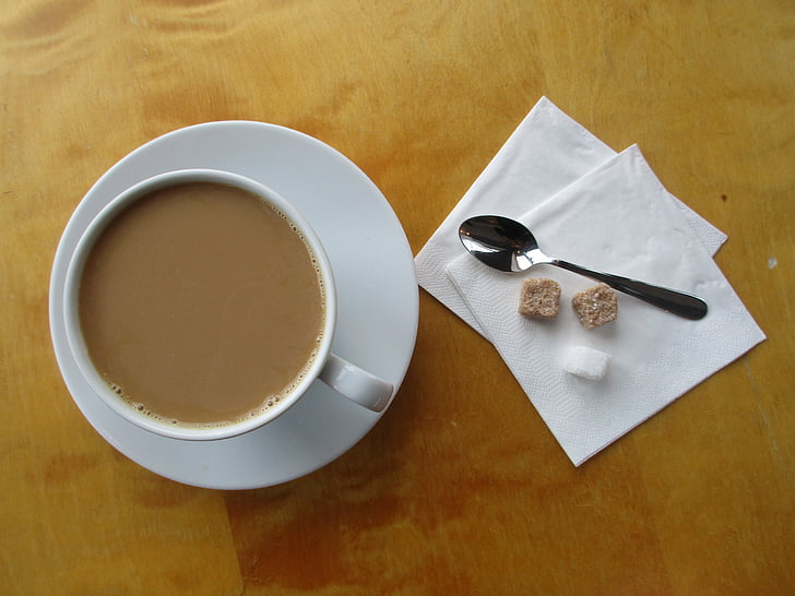 cup, coffee, sugar, spoon, napkins