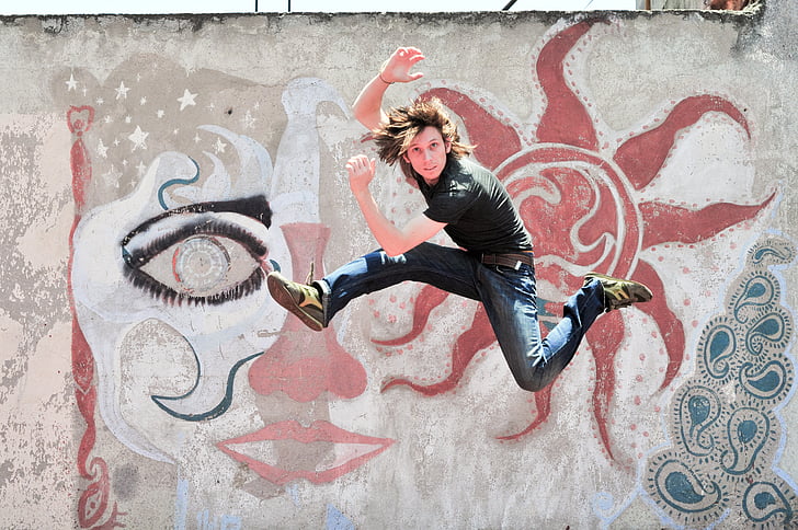 person, male, jumping, concrete, wall, graffiti, happy
