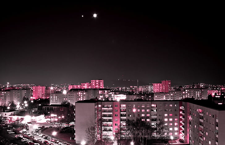 Wenen, stad, nacht, verlichting, roze, huizen, stadslichten