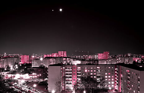Відень, місто, ніч, Ліхтарі, рожевий, Будинки, вогні великого міста