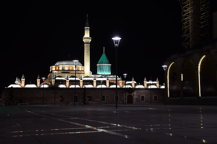 Konya, Mevlana muziejus, Islamas, religija, orientyras, naktį, tamsoje