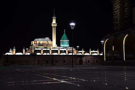 konya, mevlana museum, islam, religion, landmark, night, darkness