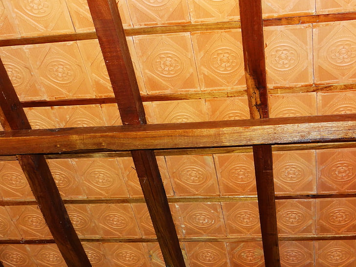 azulejos de la terracota, techo, patrón de, viga de madera, madera dura, India, madera - material