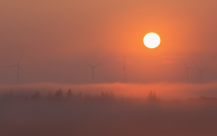 pinwheel, energy, wind power, environmental technology, sun, fog, forest