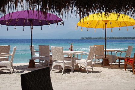 bali, beach, parasol, sand, sea, water, chair