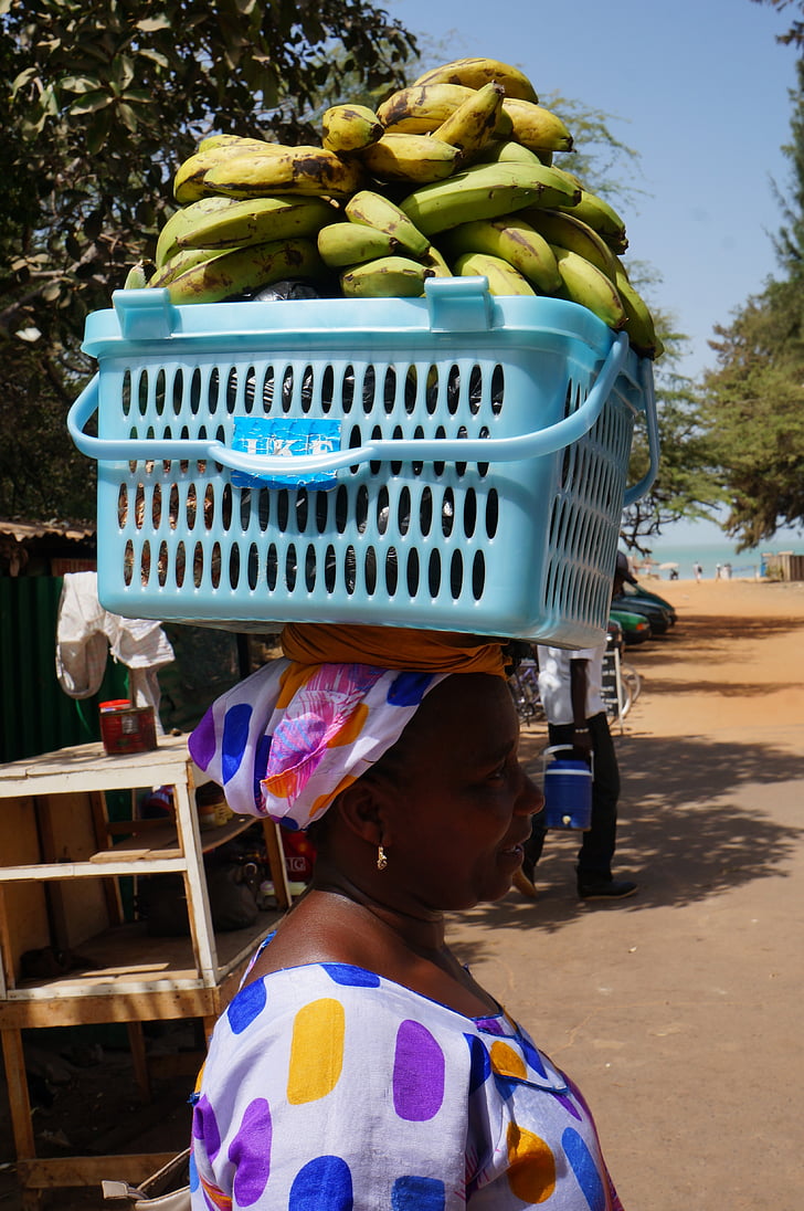 fruit, banana, black women, basket, head, carry, people