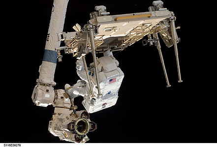 astronaut, spacewalk, space shuttle, tools, suit, pack, tether