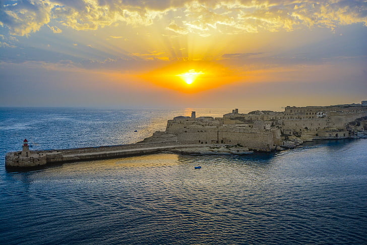 sunrise, sunset, malta, harbor, bay, mediterranean, sea