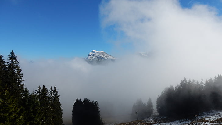 fog, mountains, sky, blue