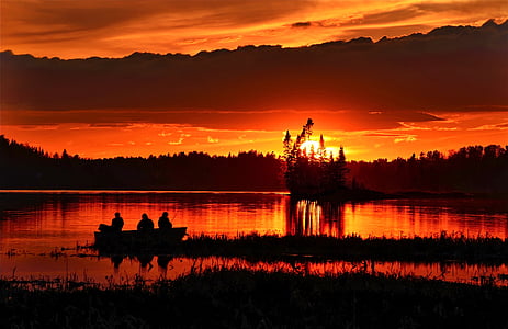 sunset, evening, twilight, fishermen, clouds, sky, lake