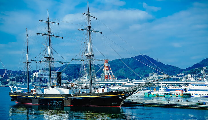 Nagaszaki, a port nagasaki város, vitorlás hajó, hajó, kikötő, vitorla, természetes szépség