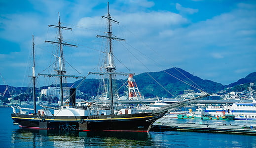 Nagasaki, port byen i nagasaki, seilbåt, skipet, havn, seil, naturlig skjønnhet