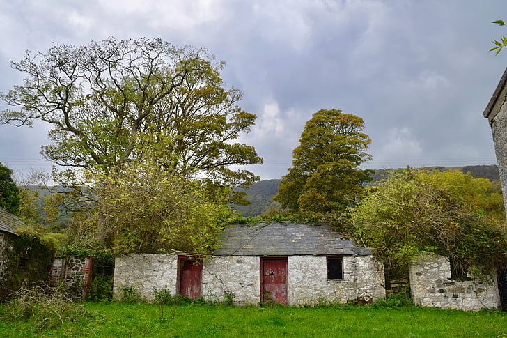 derelict farmyard, autumn, trees, country, deserted, old