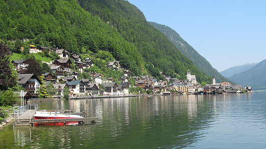 hallstadt, lake, alpine, water, mountains, village, austria