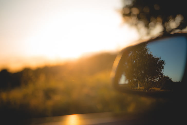 oldalán, tükör, nézet, naplemente, autó, roadtrip, napfény