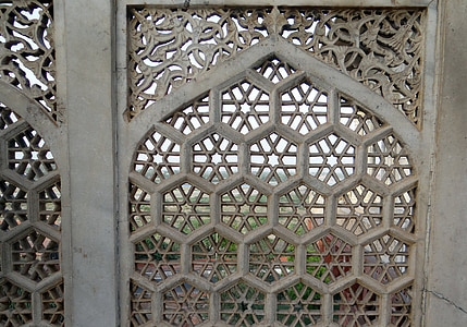 treillage, marbre, blanc, fort d’Agra, burj musamman, Agra, Inde
