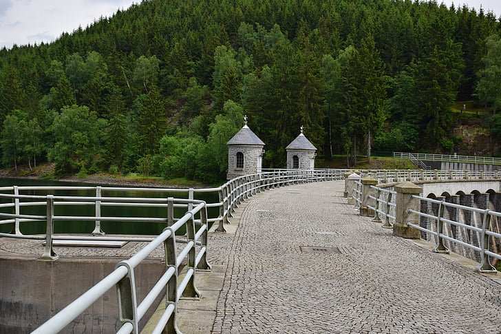 dam, barrier wall, neustadt dam, landscape, forest, water, sky