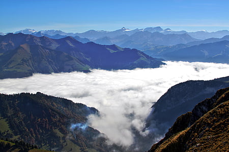 Freiburger, Švýcarsko, mlha, tajemný, krajina, obloha, mraky