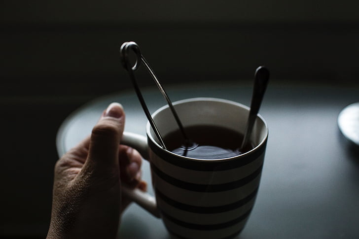 dark, coffee, drink, table, spoon, cup, hand
