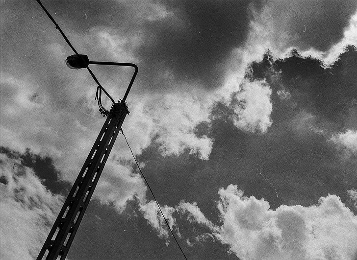 clouds, pylon, black and white, sky, electricity, voltage, cable