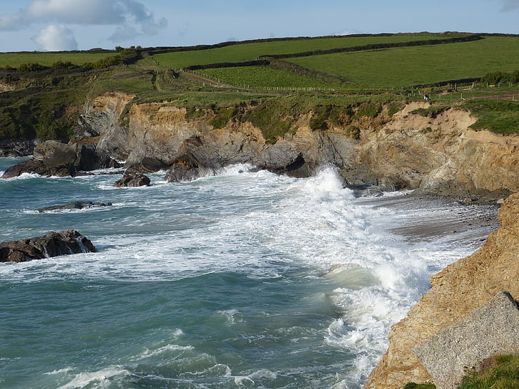 roches, littoral, Cornwall, mer, vague, rive, marée haute