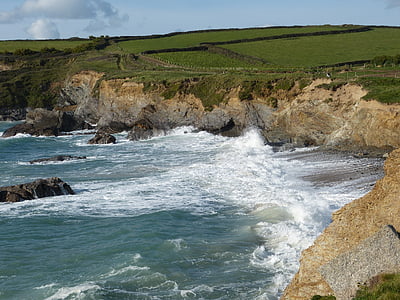 rocas, Costa, Cornwall, mar, ola, Costa, marea alta
