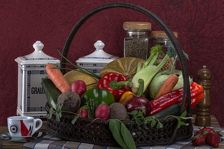 still life, vegetables, basket, tomatoes, paprika, carrots, colorful