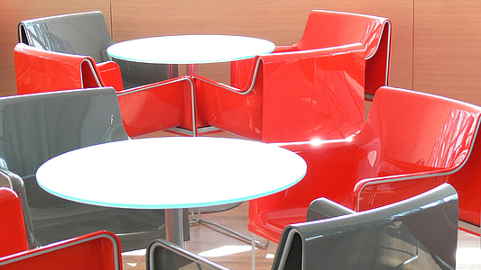 tabulka, židle, farbenspiel, přestávka, gastronomie, sedačky, červená