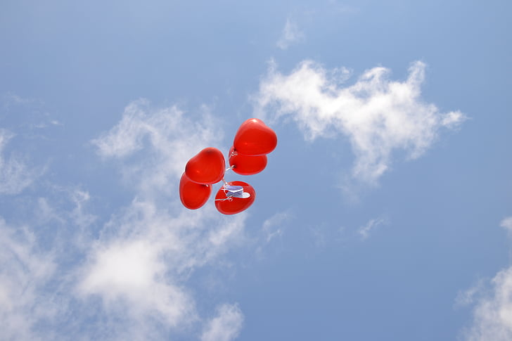 blue sky, red balloons, blue, sky, heart, balloon, celebration