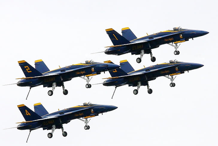 patru, albastru, galben, luptător, avioane, avion, aeronave