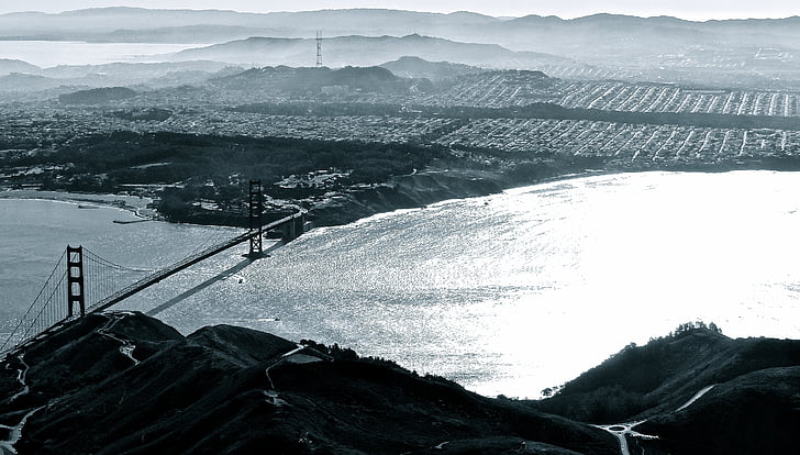 aerial, photography, city, bridge, sea, black and white, dark