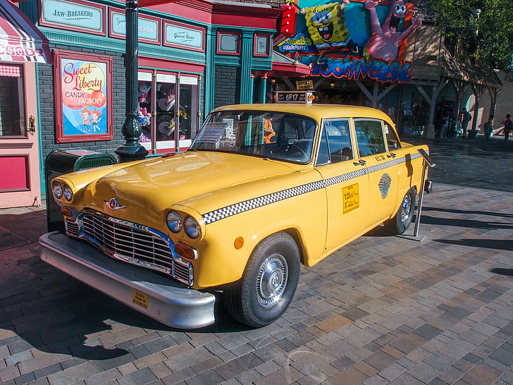 taxi, bil, gamle, gul, kjøretøy, transport, bil