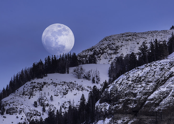 full moon, waxing, setting, mountains, night, landscape, scenic