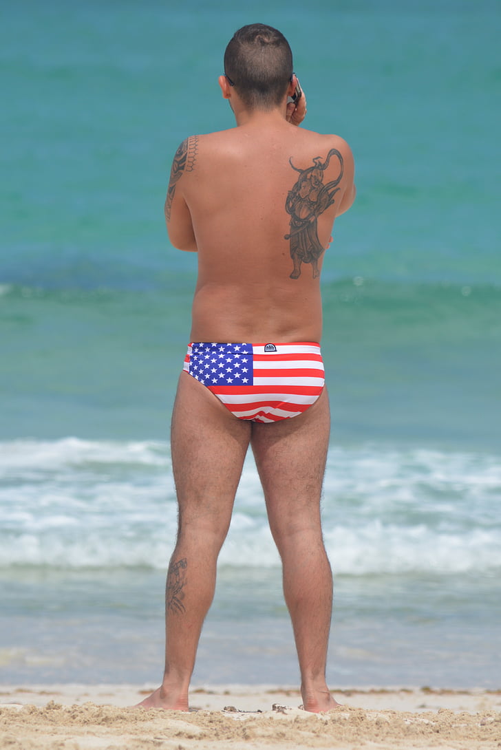 homme, gens, shorts de bain, é.-u., États-Unis, bannières étoilées, mer