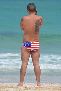 hombre, personas, shorts de baño, Estados Unidos, Estados Unidos, estrellas y rayas, mar
