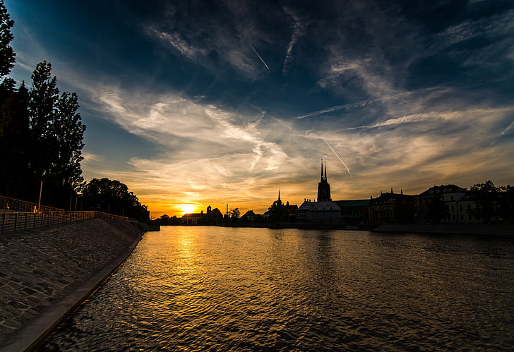 Polen, Wrocław, landskap, staden, floden, arkitektur, Skyline