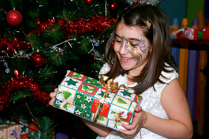 chica, Navidad, regalo, árbol de Navidad, decoraciones, días de fiesta