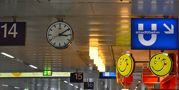 railway station, lighting, clock, advertisement, colorful, düsseldorf, sign