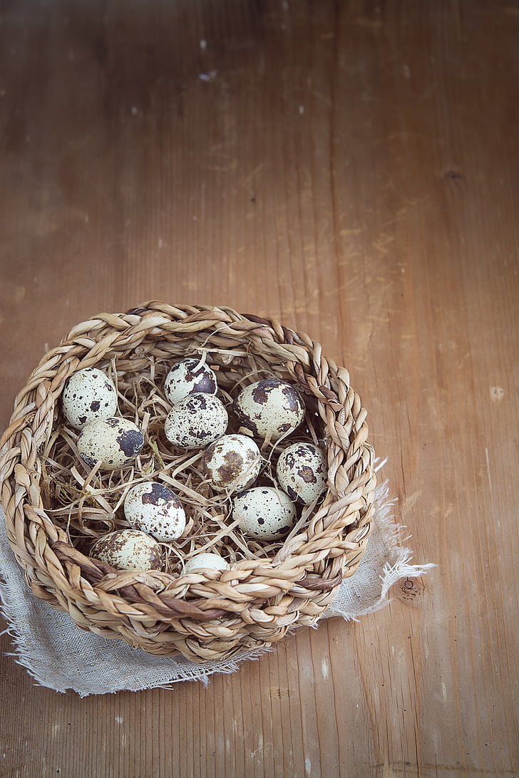 egg, quail eggs, basket, small eggs, natural product, easter, wood