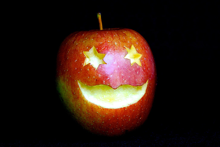 vruchten, Apple, gezicht, lachen, ster, ogen, mond
