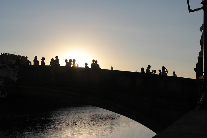 tramonto, Ponte, ombre, persone, sagoma