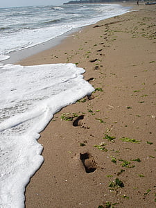 footprints, beach, sand, seaside, sea, water, coast