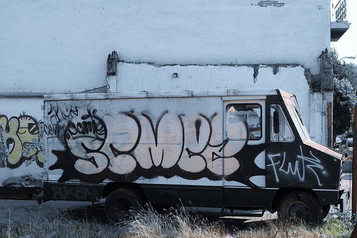 staré, vozík, graffiti, městských umění
