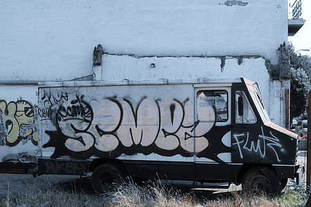 παλιά, φορτηγό, γκράφιτι, αστική τέχνη