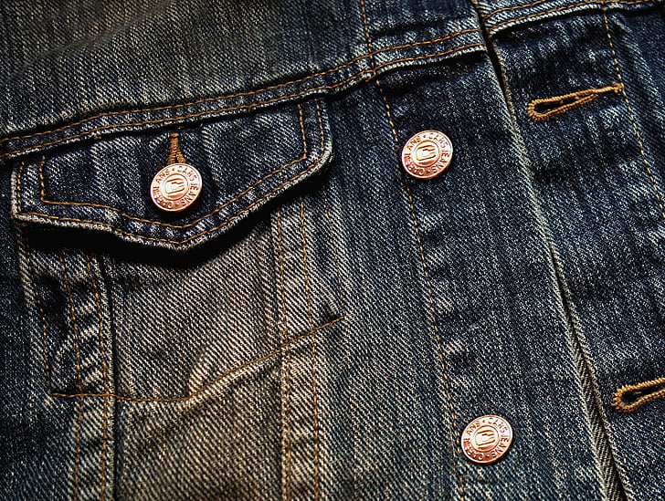 džinsa, audums, jaka, džinsu pogu, poga, pogas caurumā, apģērba gabals