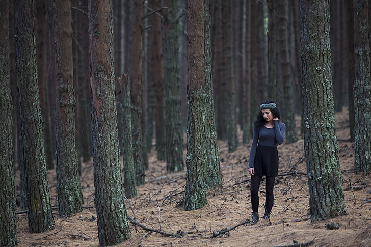 Forest, model, vonku, osoba, stromy, vetvičky, žena