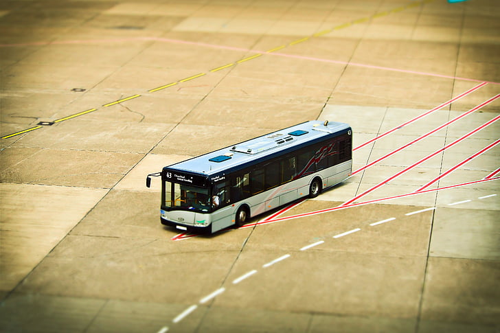 lufthavn, før, merke, miniatyr effekt, tilt-shift, buss, crewbus
