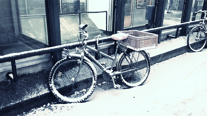 cykel, snö, vinter, insnöat, mountainbike, hjulet, kalla
