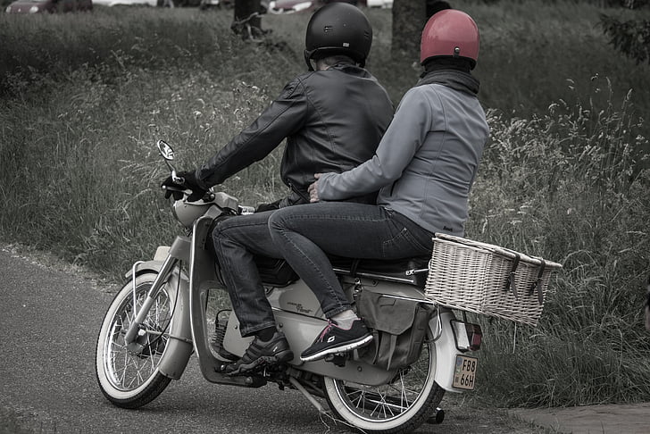 scooter, moped, helmet, man, woman, vehicle, motor