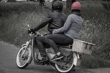 scooter, moped, hjelm, mann, kvinne, kjøretøy, motor
